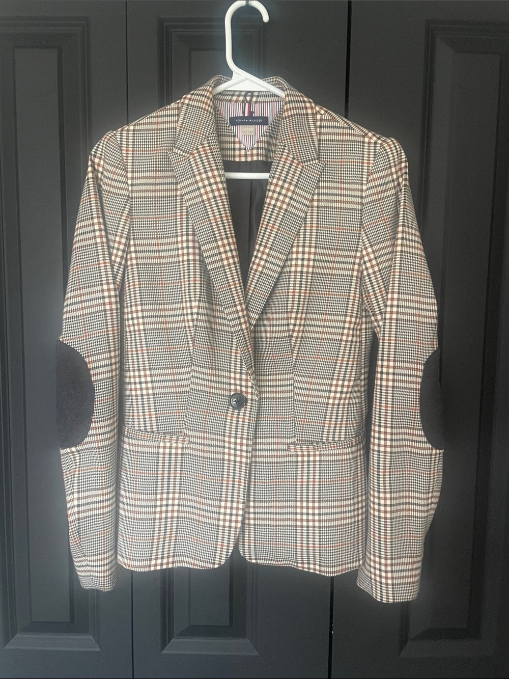 Tommy Hilfiger Brown and Black Plaid Blazer with Elbow Patches